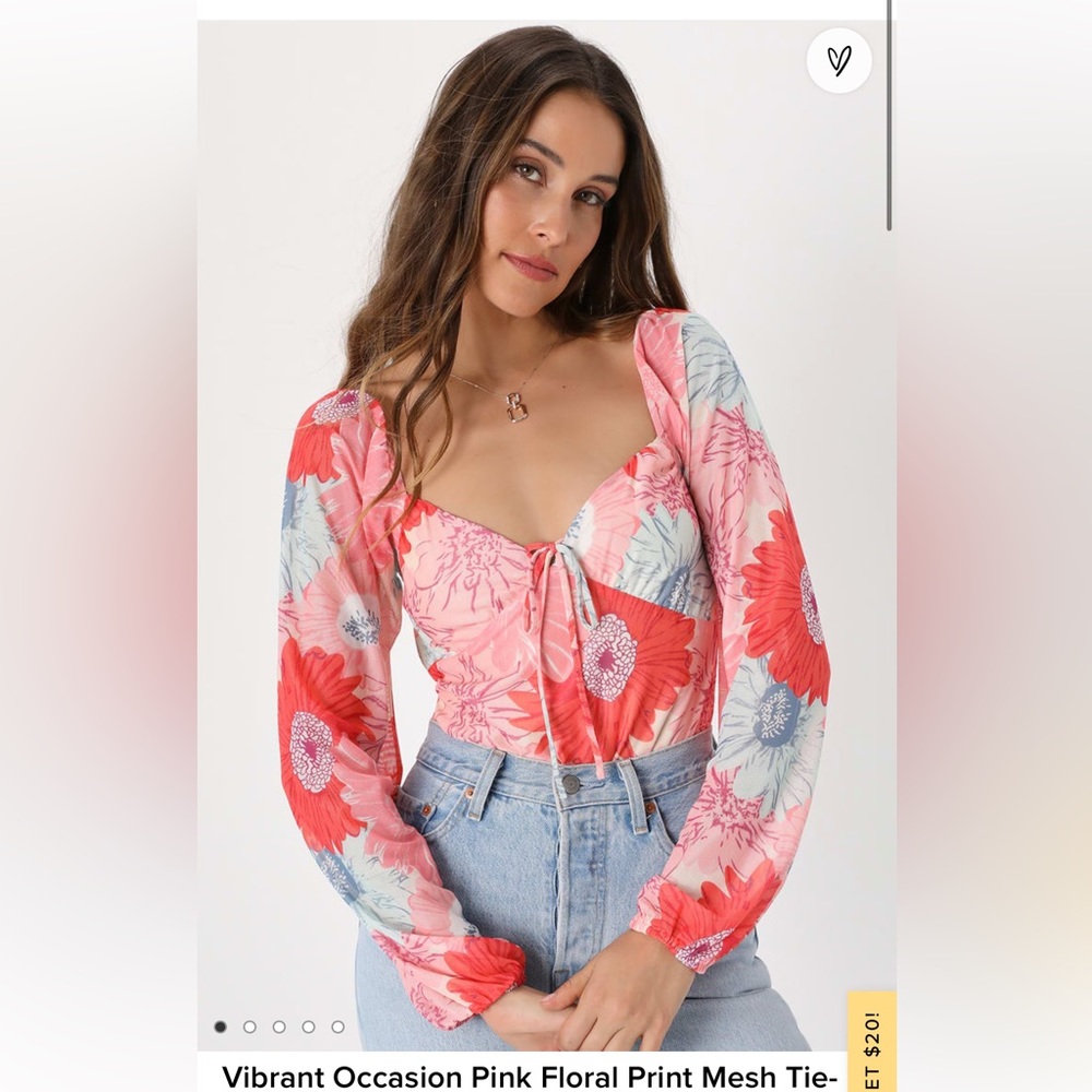 Vibrant Occasion Pink Floral Print Mesh Tie-Back Bodysuit